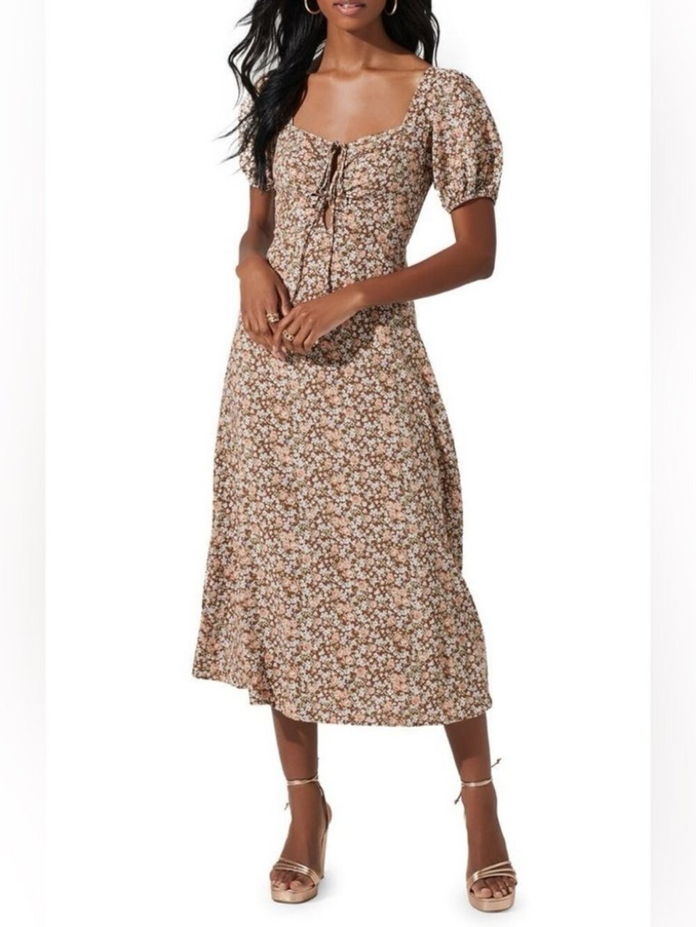 ASTR Lace Up Puff Sleeve Midi Dress in Brown Floral Size Small NWT